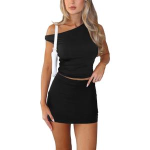 Skirt Sets Women 2 Piece Outfits - Sexy Two Pc Off The Shoulder Tank Crop Top Bodycon Mini Skirts Suits Dresses (Medium, Black)