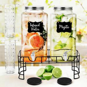 2 Pack 2 Gallon Glass Drink Dispenser Glass Beverage Dispenser with Stand Spigot Drink Coasters and Filter Leakproof Water Jar Clear Iced Drink Jug for Parties Juice Lemonade Picnics Fridge