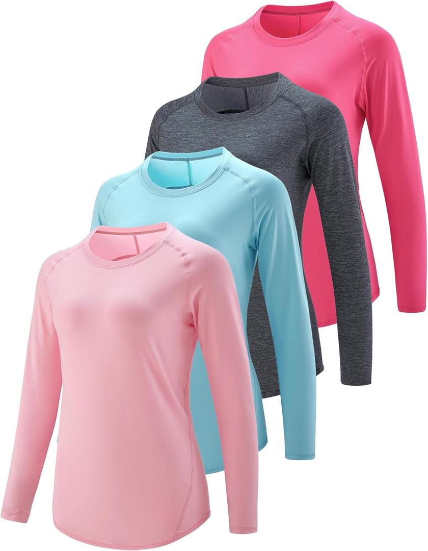 4-Pack: Womens Long Sleeve Athletic Tops with Thumb Holes  Dry Fit Active Crewneck Workout Tees (Large, Pastel Pink/Charcoal/Dawn Blue/Hot Pink)