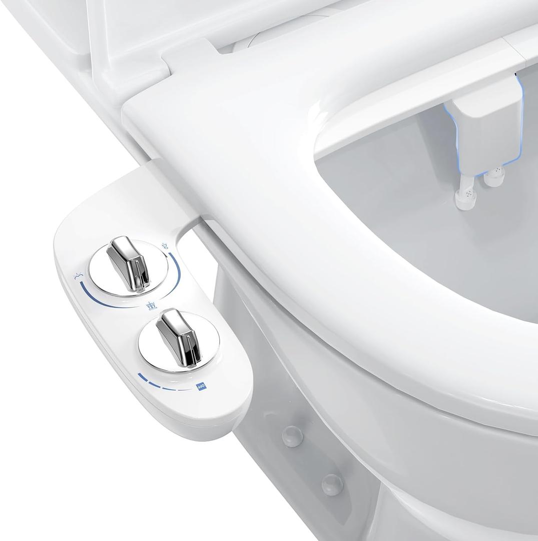 Non-Electric Bidet Attachment for Toilet, Dual Self-Cleaning Nozzles with Adjustable Water Pressure for Rear & Feminine Wash, Easy Installation Universal Fit for Most Standard Toilets, White