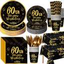 452 Pcs 60th Birthday Party Decoration Supplies Black and Gold 60th Birthday Paper Plates and Napkins Cups Tablecloth Cutlery Straws Disposable Tableware for Cheers to 60 Years Anniversary