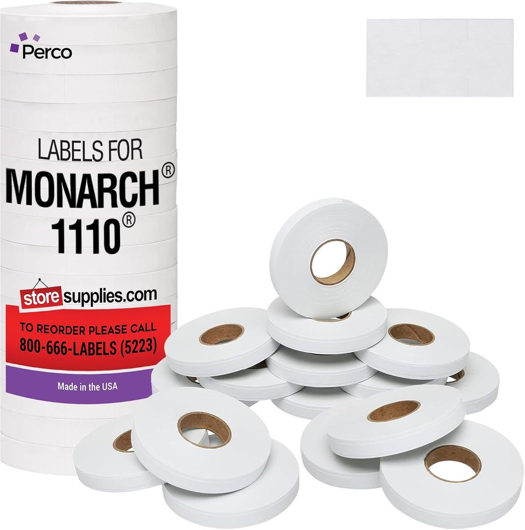 Perco White Pricing Labels - 17,000 Price Marking Labels for Monarch 1110 Price Gun with Ink Roll Included - 16 Rolls Value Pack, 1 Sleeve - Made in USA