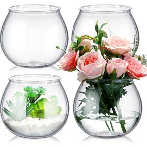 FoldTier 4 Pcs Plastic Fish Bowls for Centerpieces 27 oz Clear Fish Bowl for Drinks Unbreakable Heavy Duty Round Vase for Table Centerpieces Wedding Event Home Decor