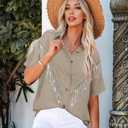 Nlife Women's Sparkly Fringe V Shaped Western Cowgril Button Down Shirt (Beige)