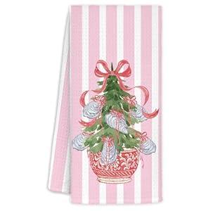 WUCHJ Coastal Oyster Pink Chinoiserie Christmas Kitchen Towels, Red Bow Christmas Tree Beach Hand Towels for Bathroom, Nautical Grandmillennial Xmas Decorative Dish Tea Towel, 16x24 Inch