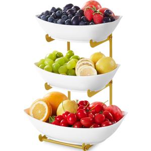 Lifewit Plastic Fruit Bowl Basket for Kitchen Countertop, 3 Tier Fruit Holder with Gold Metal Stand, Serving Tray for Food, Vegetable, Cake, Dessert in Party