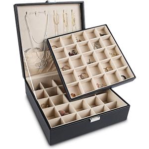 Frebeauty Earring Holder Organizer, 50 Slots Earring Organizer,2 Layer Jewelry Box for Earrings and Necklace,PU Jewelry Organizer,Jewelry Organizers and Storage(Black)
