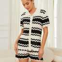 Moreone 2 Piece Lounge Set Women Short Sleeve Striped Crochet Knit Sets Two Piece Button Up Pajamas with Drawstring Shorts (Green, M)