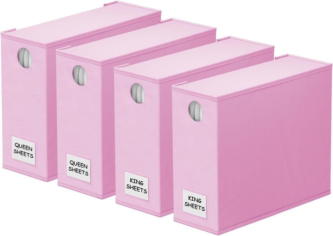 SpaceAid 4 Pack Bed Sheet Organizers and Storage, Foldable Sheet Organizer for Linen Closet, Sheets Set Folder Keeper with Window XL (Queen & King Size) Bedding Container (Pink, 4 Pack)