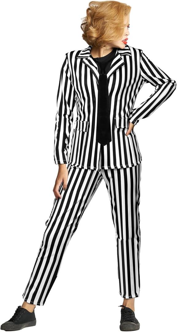 Women's Black and White Striped Suit Include Open Front Striped Blazer Leggings Length Pant with Tie for Halloween (XX-Large), Black and White 