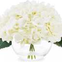 Faux Hydrangea Flowers in Vase, Small Silk Flowers in Vase with Fake Water for Home Decor Wedding Table (Cream)