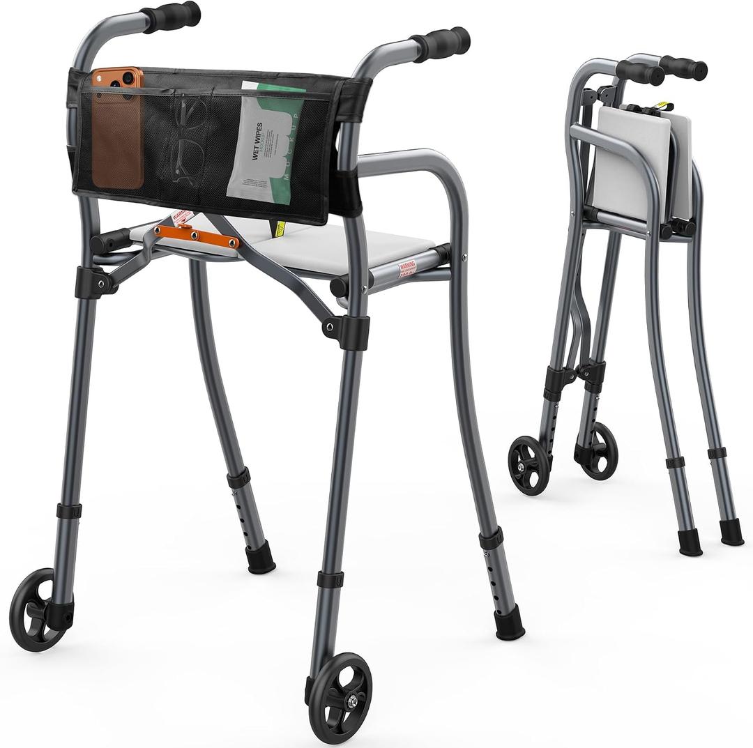 Narrow Folding Walker for Senior with Seat,Compact Foldable Standard Walker