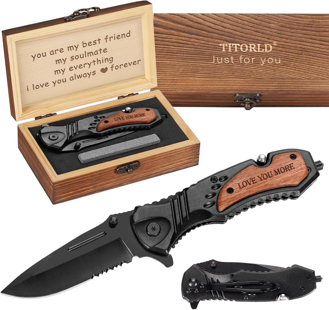 Gifts for Men Dad Him Fathers Day, Anniversary Birthday Gifts ideas for Boyfriend Husband, Engraved Pocket Knife, Wooden Handle Folding Knife with Wood Box, Unique Outdoor Camping Hunting Fishing Tool