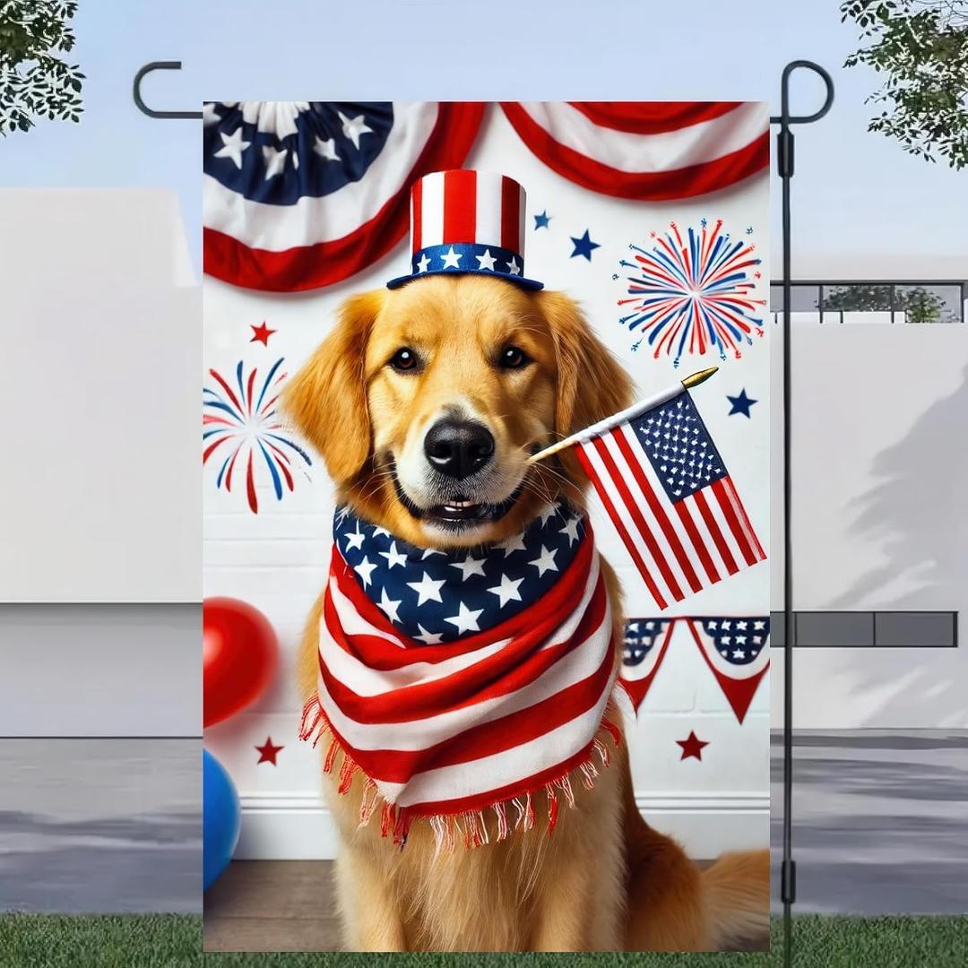 5 x Welcome 4th of July Golden Retriever Dog Patriotic Garden Flag America USA Pet Yard Outside Decoration American Flag Outdoor Small Home Decor Double Sided 12 x 18