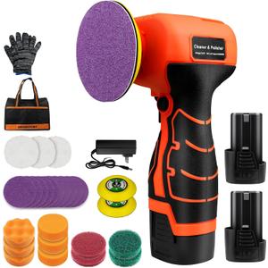 Cordless Sander, 3" Palm Sander with 2Pcs 16.8V 3.0Ah Batteries, 3500RPM Mini Polisher, 30 Accessories Sanders Tool for Sanding/Polishing/Waxing/Cleaning (Orange-black)