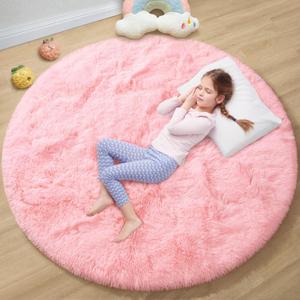 EVOIONOS Pink Round Rug for Bedroom, 4x4 Ft Fluffy Soft Circle Area Rugs for Living Room, Plush Shaggy Circular Carpet for Indoor Floor Bedside Girls Nursery, Machine-Washable Home Decor Aesthetic