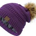 Durio Satin Lined Beanie Pom Pom Satin Lined Winter Hats for Women Warm Beanie Hats for Women Thick Womens Winter Hats (One Size, Purple)
