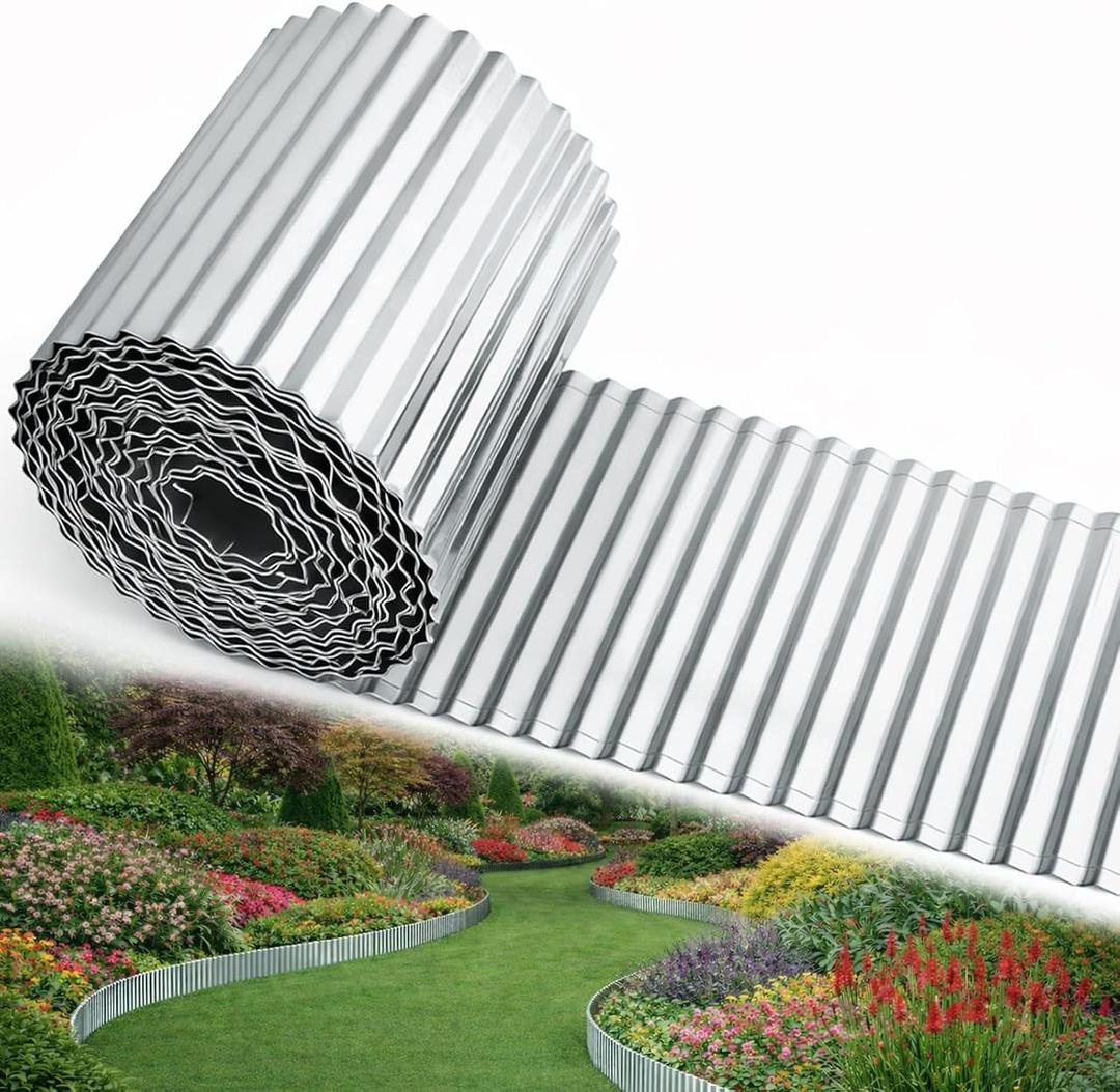 Corrugated Metal Garden Edging, 8'' x 65' Rustproof Edging for Landscape, Flexible Garden Border for Flower Bed, Garden Fence, Lawn, Paver Edging (Sliver)