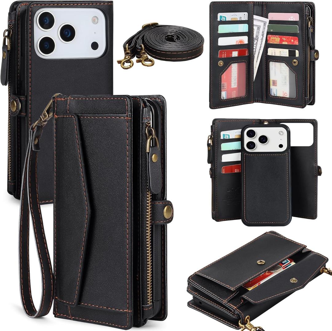 Compatible with iPhone 17 Pro Max 6.9" Wallet Case with RFID Blocking Card Holder for Women, PU Leather Flip Zipper Wallet Detachable Magnetic Phone Case Crossbody Strap, Black