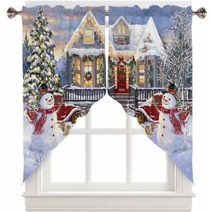 Christmas Swag Curtain Xmas Tree Snowman Valance for Kitchen Window Red Truck Snowy Winter Treatment Topper Curtains Bathroom Living Room 2 Panel, W 28 x L 36