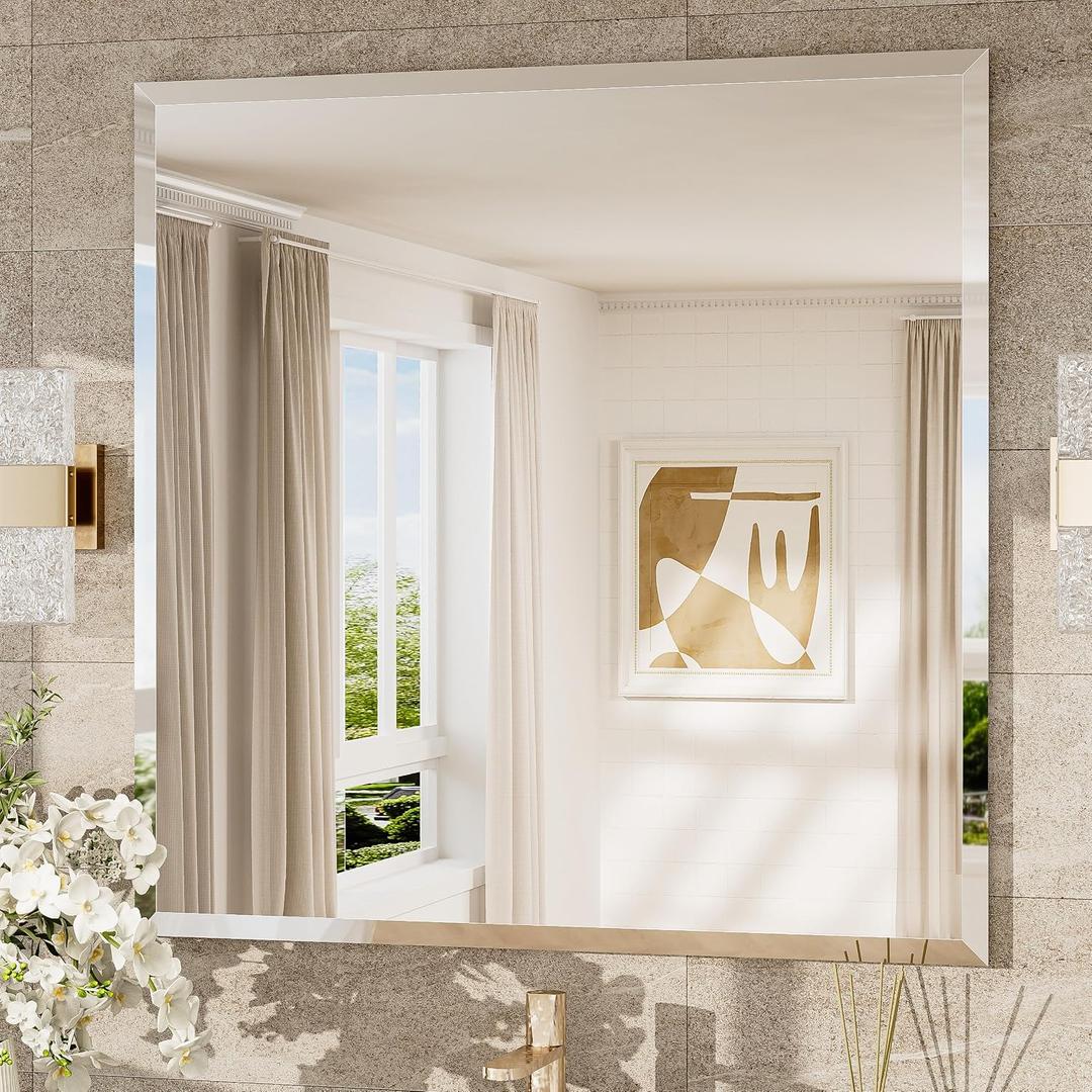 Beveled Bathroom Mirror Frameless Rectangular, Bathroom Vanity Mirrored with 1" Beveled Edge, Shatterproof Modern Frameless Mirror Rectangle for Living Room, Entryway, Restroom (45" x 44")
