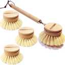 Dish Brush with Wooden Handle, Natural Kitchen Brush for Dishes Vegetable, Pots and Pans, Tampico Fiber Bristles Scrubber, Extra 3 Pack Replacement Head Included