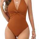 AI'MAGE Women's One Piece Swimsuits V Neck Tummy Control High Waisted Bathing Suit Halter Top Swimwear (Burnt Orange)