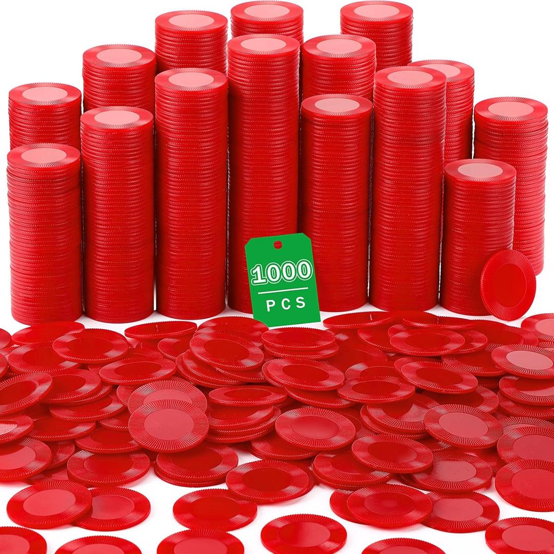 Leitee 1000 Pcs Plastic Poker Chips 38 mm Interlocking Game Lightweight Poker Chip Set Tokens Bingo Blank Casino Counting Bulk for Adults Counting Reward Card(Red)