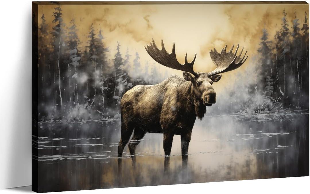 LYUNSHUO Moose Canvas Wall Art Rustic Woodland Deer Picture Print Wall Decor Country Wildlife Painting Vintage Artwork for Farmhouse Living Room Bedroom Bathroom Home Decor (24"L x 16"W)