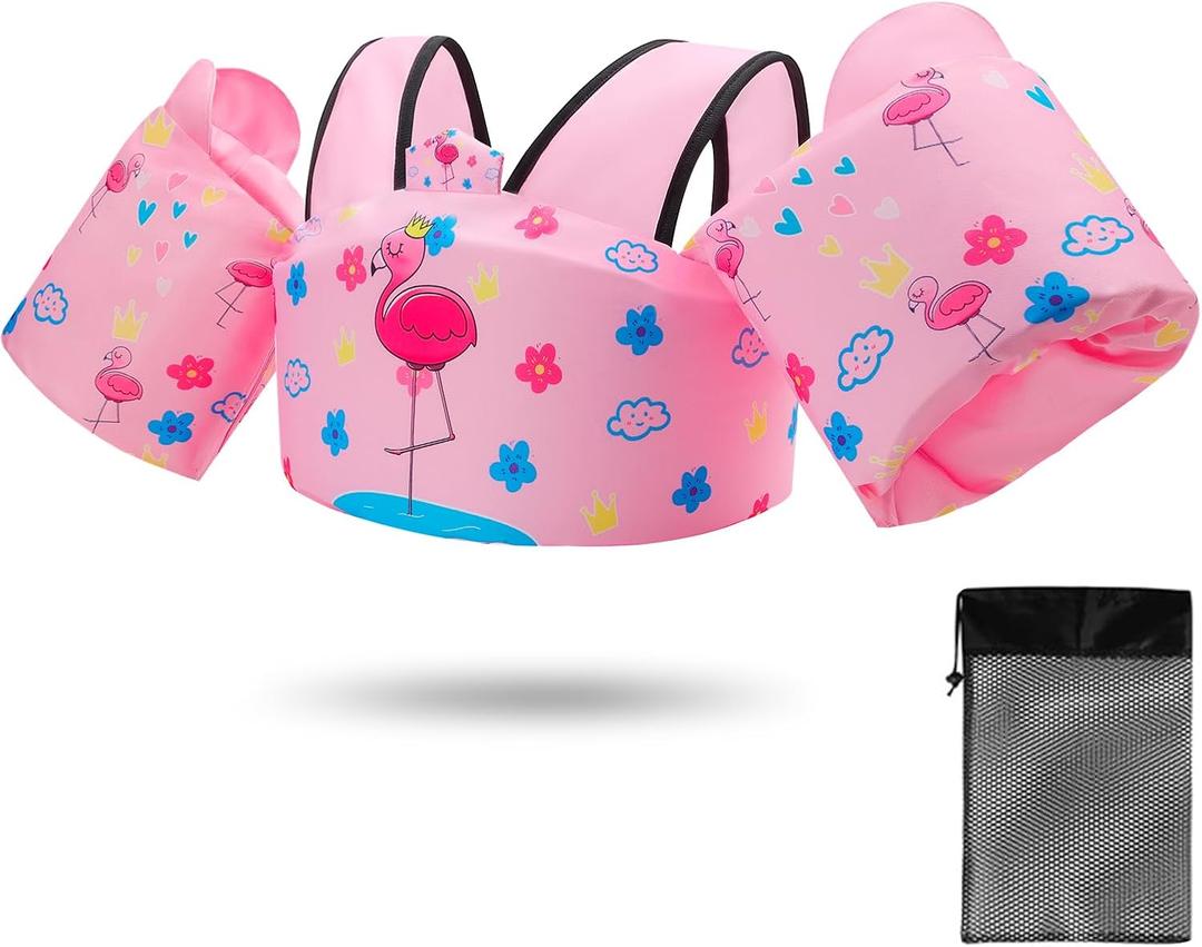 Coast Guard Approved UL Kids Swim Vest for Children Learn Swimming Training Neoprene Toddler Floaties with Adjustable Non-Slip Buckle Shoulder Harness Arm Wings for 22-66 lbs Boys/Girls Beach (Pink Flamingo)