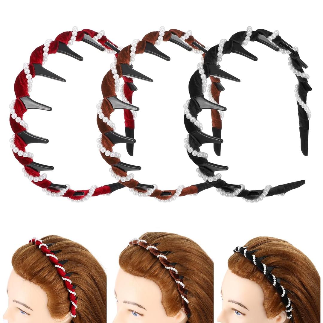 3Pcs Vintage High Cranium Pearl Hairband, High Cranium Headbands for Women, Elegant Braided Pearl Toothed Hair Hoop Retro High-Skull Headband with Teeth