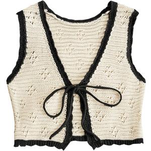 OYOANGLE Women's Tie Front V Neck Sleeveless Checkered Knit Sweater Vests Contrast Binding Knitted Crop Tank Top (Medium, Beige and Black)