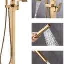 Waterfall Free Standing Tub Faucet, Floor Mount Bathroom Tub Filler Freestanding Bathtub Shower Faucets with Handheld Sprayer, Brushed Gold
