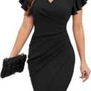 Machico 2025 Women's Sexy V Neck Ruffle Sleeve Faux Wrap Ruched Bodycon Sheath Cocktail Party Work Dress (Medium, Black)
