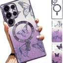Case Fit for Samsung Galaxy S25 Ultra 6.9 Inch [Compatible with MagSafe] Glitter Bling Case [2 Pieces of Butterfly Design] Soft TPU Shockproof Anti-Scratch Phone Cover for Women - Purple