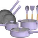 So Yummy by bella 12 Piece Cookware Set w EverGood Ceramic Nonstick Coating and Silicone & Wood Utensils, Dishwasher Safe Silicone & Glass Lids, Oven Safe & All Stovetop Compatible, Lavender