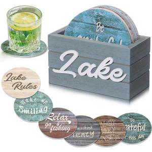 Queekay 6 Set Lake Theme Coasters with Holder for Drinks, Lake Lovers House Gifts, 4'' Wooden Coasters with Sayings House Warming Gifts New Home for Bar Coffee Table Decorations(Classic Color)