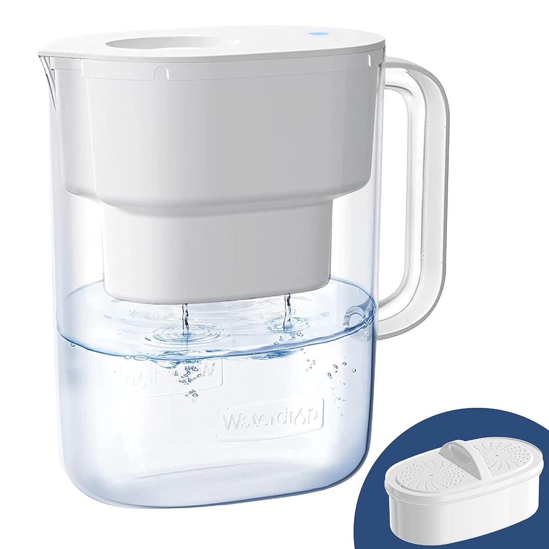 Waterdrop Water Filter Pitcher with 1 Filter, 200-Gallon Long-Life, 10-Cup Large Water Filter Pitcher, NSF Certified, 5X Times Lifetime, Reduces PFOA/PFOS, Chlorine, White