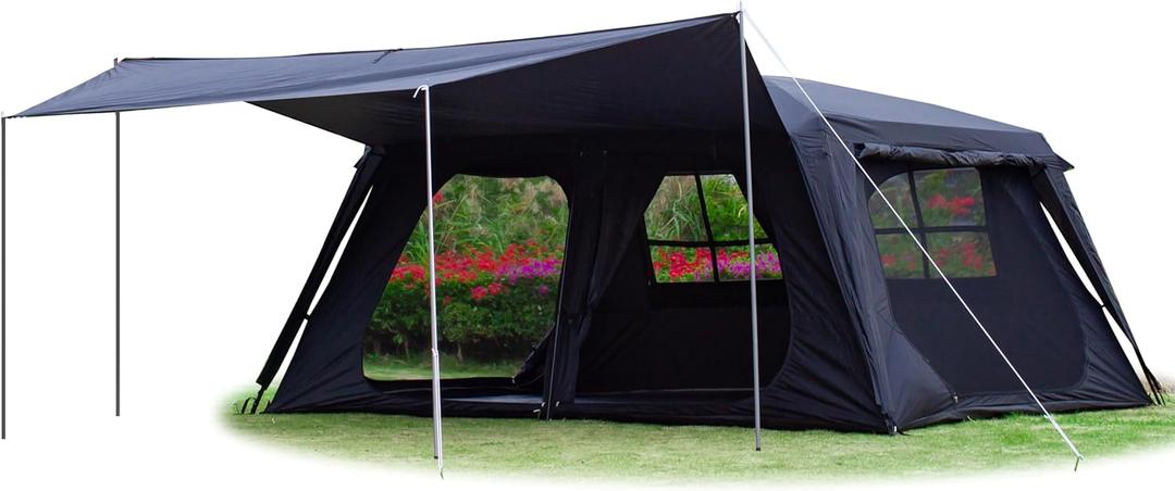 KTT Extra Large Tent 10-12-14 Person(B),Family Cabin Tents,2 Rooms,3 Doors and 3 Windows with Mesh,Straight Wall,Waterproof,Double Layer,Big Tent for Outdoor,Picnic,Camping,Family Gathering (Black- Full Rainfly)