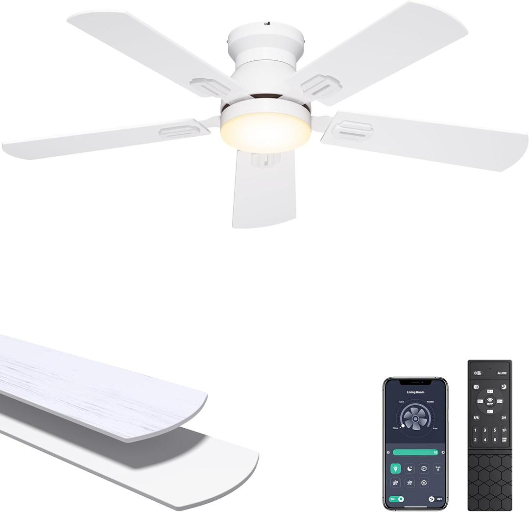 Ohniyou Ceiling Fans with Lights, 42 Inch Low Profile Ceiling Fan with Light and Remote/APP Control, Flush Mount, Dimmable, Qiuet DC Motor, White Small Indoor Ceiling Fan for Bedroom, Kitchen