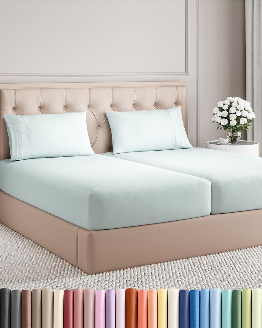 Split King Size 5 Piece Sheet Set - Comfy Breathable & Cooling Bed Sheets Set - Hotel Luxury Bedding for Women, Men, Kids, Teens, Boys & Girls - Deep Pockets, Soft, Wrinkle Free - Oeko-Tex - Ice Blue