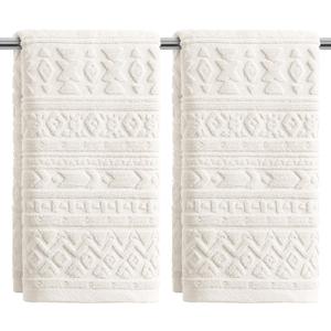 Artoid Mode 2 Pcs White 3D Geometric Design Jacquard Hand Towels for Bathroom, 100% Cotton Soft Absorbent Bathroom Decor Towels, 13.7 x 29.5 Inch