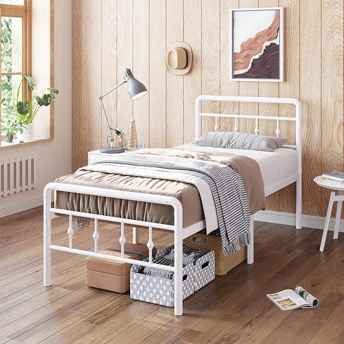 18 Inch Twin XL Bed Frames with Headboard and Footboard, Heavy Duty Metal Twin XL Platform Bed Frame No Box Spring Needed, Easy Assembly, Under-Bed Storage, Noise Free, White