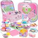 Tea Party Set for Toddles 3-5,53PCS Musical Kids Tea Set for Little Girls with Dessert,Cookies,Doughnut,Cake,Cake Stand,Tablecloth & Carrying Case,Kitchen Pretend Play Toys for Girls Boys Age 3-6