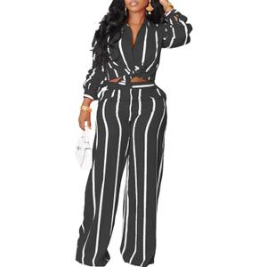 Elainone Women's 2 Piece Outfits Stripe Long Sleeve Button Down Shirt Wide Leg Long Pants with Pockets (X-Large, Black)