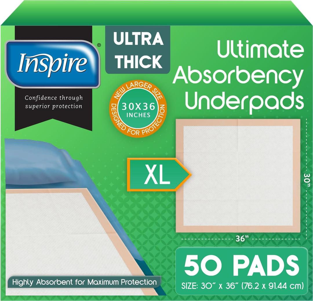 Inspire Extra Large Super Absorbent Disposable Bed Pads for Chronic Incontinence Ultra Thick and Absorbent Bed Pads Disposable Adult | Pee Pads for Adults (30" X 36" Pack of 50)