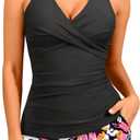 Women Tankini Swimsuits with Shorts - Two Piece Tummy Control Bathing Suits Top with Two Pockets Bottom Swimwear (Large, Black Floral)