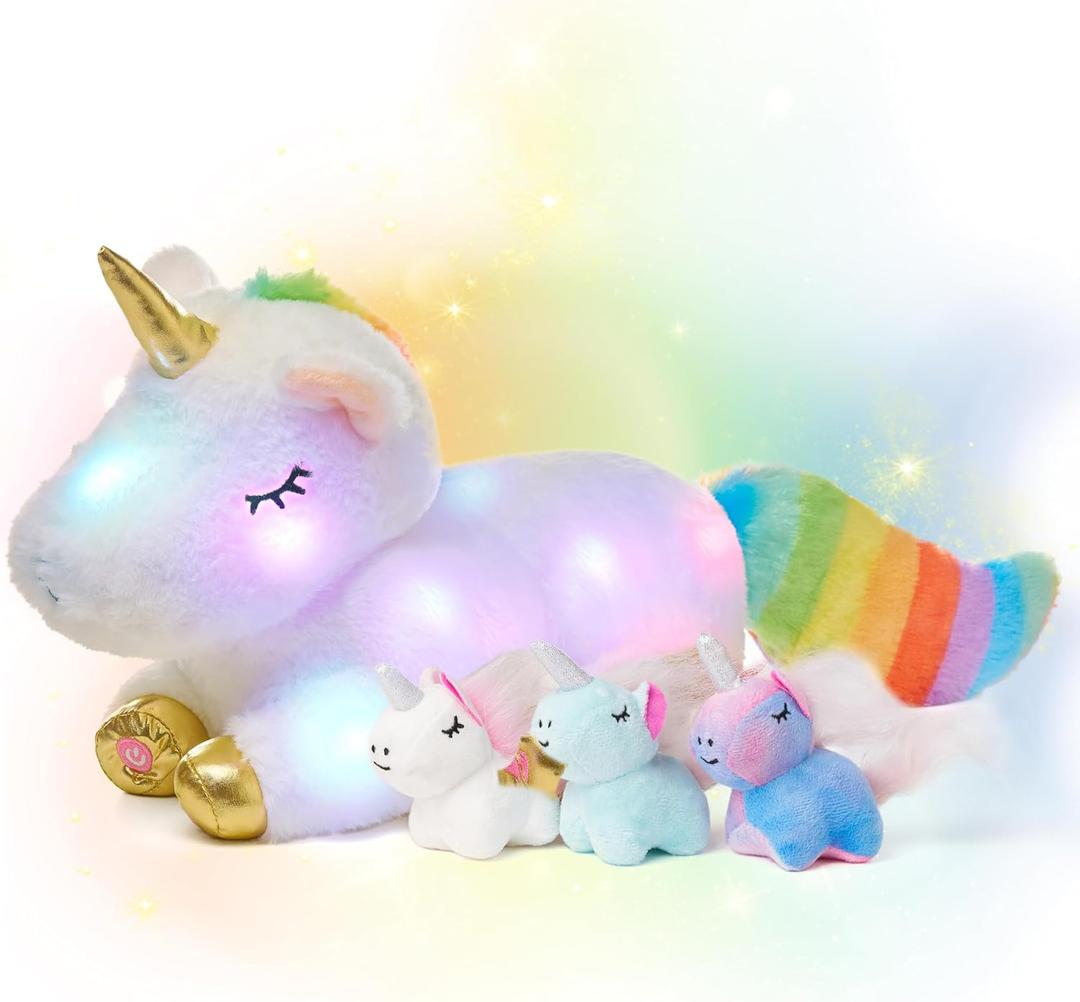 Hopearl LED Plush Unicorn Lighting Up Stuffed Mommy Unicorn with 3 Baby Unicorns in her Tummy Floppy Stuffed Animal Playset Night Lights Glow in The Dark Gifts for Kids Toddler Girls, White, 19''