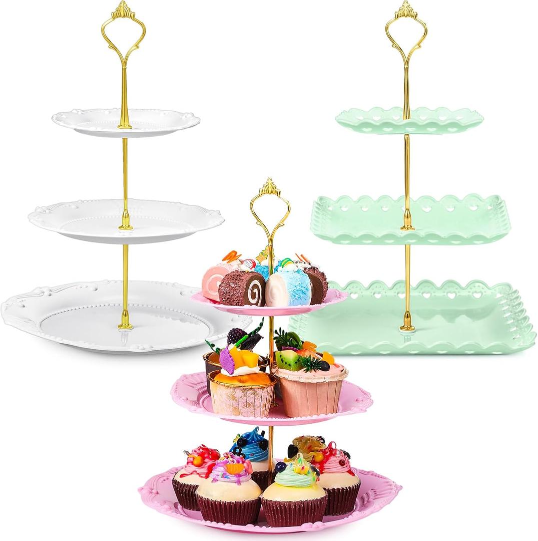 3 Sets of 3 Tier Plastic Cupcake Stand Tea Party Decorations Dessert Plates Cake Fruit Candy Display Tower for Wedding Birthday Baby Shower Tea Party Decorations (Round,Square)