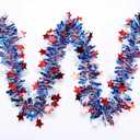 4th of July Red White Blue Star Tinsel Garland - 33 Ft Memorial Day Patriotic Decoration Independence Day Metallic Tree Garland Glitter Tinsel Hanging Twist for Veterans Day Decor